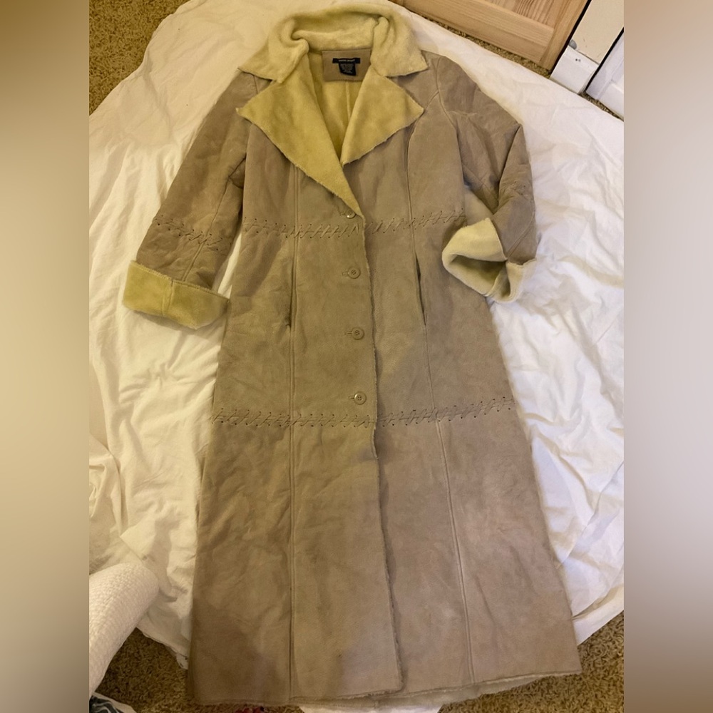 Boston Proper Full Length Suede Coat with Faux Fur Lining - Picture 5 of 8